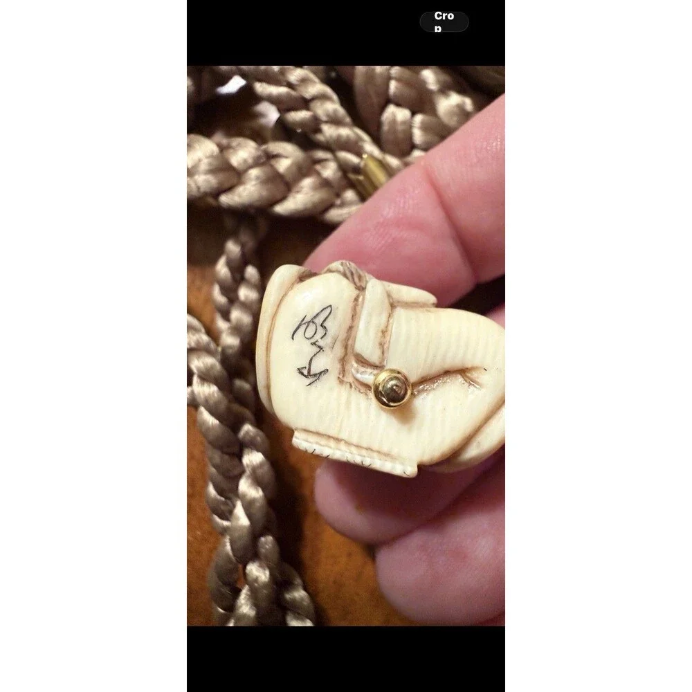 Vintage Japanese Netsuke Man Holding Fan Signed Very Long Cord Braided